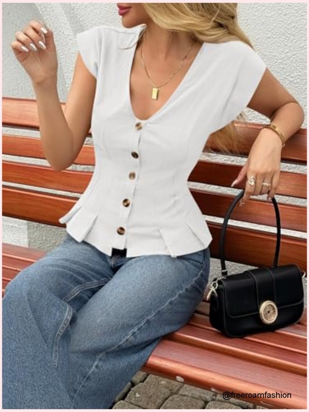 Deep V Neck Vest Top Cap Sleeve Ruffle Shirt Button Up Cotton Fitted Blouse - Picture 5 of 7